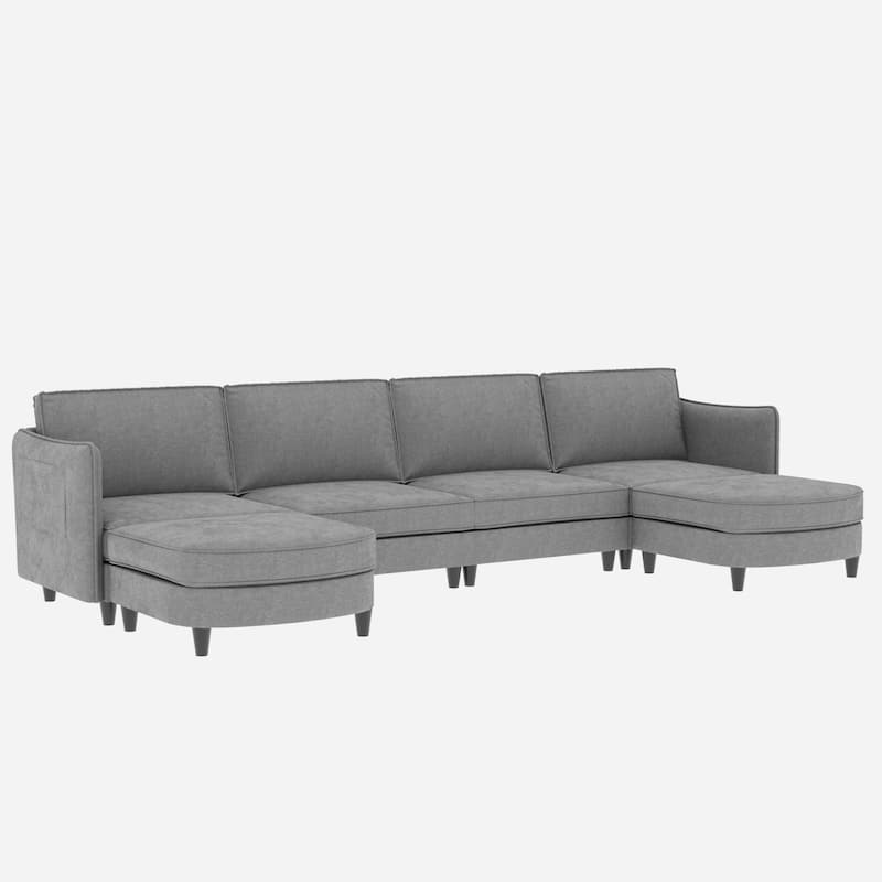 141.5'' 6 Seater U-Shaped Sofa with Ottoman and Arm Pockets, Gray Fabric