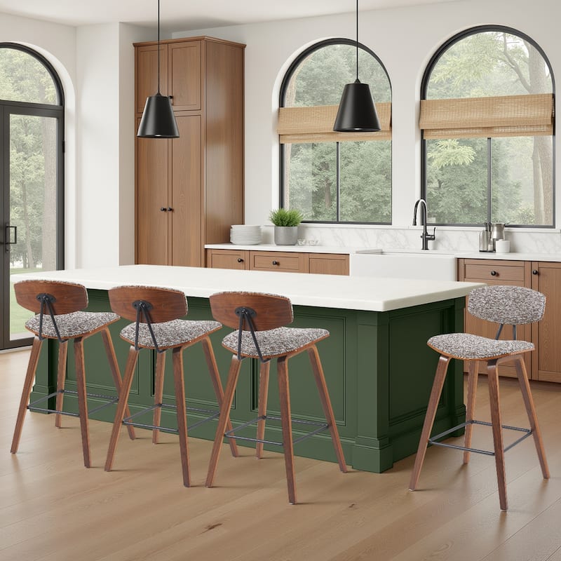 Fox Mid-Century Bar Stool, Upholstered Counter Height Chair with Bentwood Legs - Set of 4 - Speckled Brown Fabric & Walnut - Counter Height