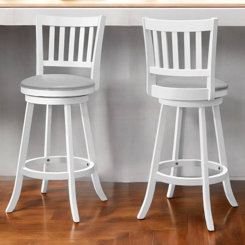 Set of 2 Swivel Round Faux Leather Seat Bar Stool with Full Back and Footrest Wood Legs for Kitchen
