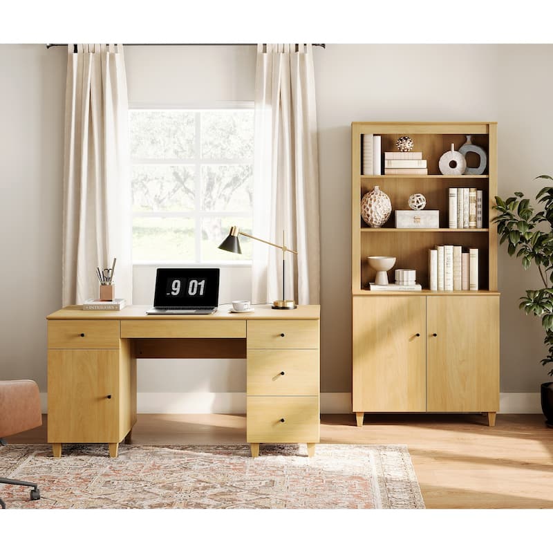 WAMPAT Home Office Furniture Set, 58" Executive Desk with Cabinet, 71" Tall Bookcase with Doors and Adjustable Shelves