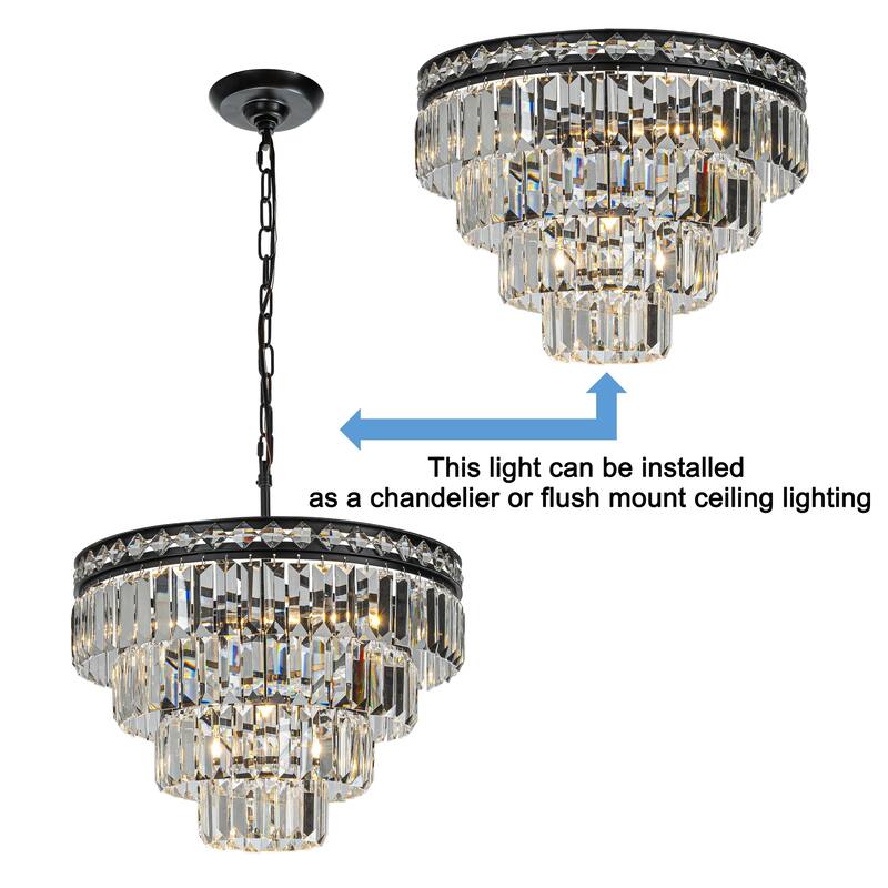 18'' Modern Classic Crystal Flush Mount With Matte Black Finish 4-Light Tiered Ceiling Light For Dining Room Foyer Bedroom