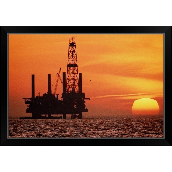 "Silhouette of oil exploration platform, Gulf of Mexico, sunset" Black Framed Print