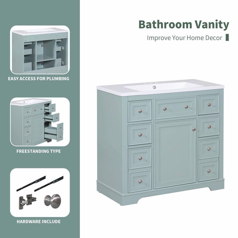 36" Bathroom Vanity with Sink Combo: Cabinet, Six Drawers