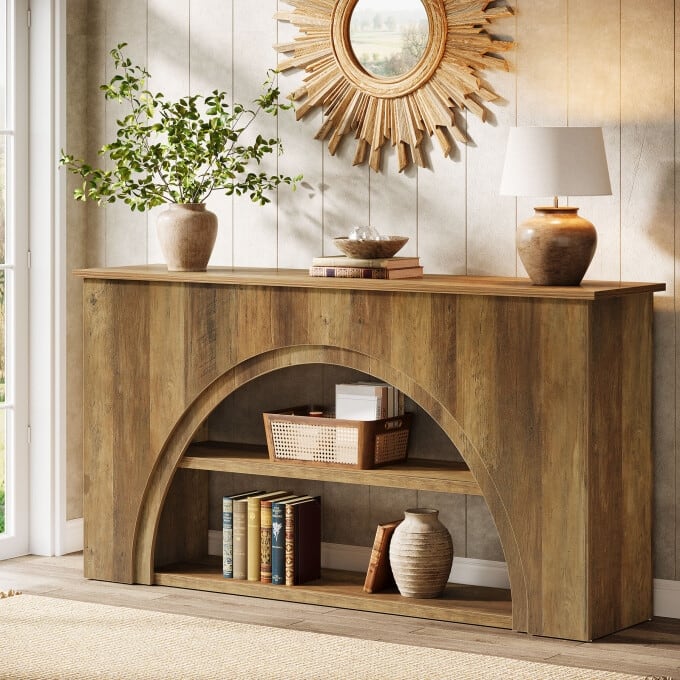 61-Inch Wooden Console Table With Shelf, Rustic Arched Sofa Table