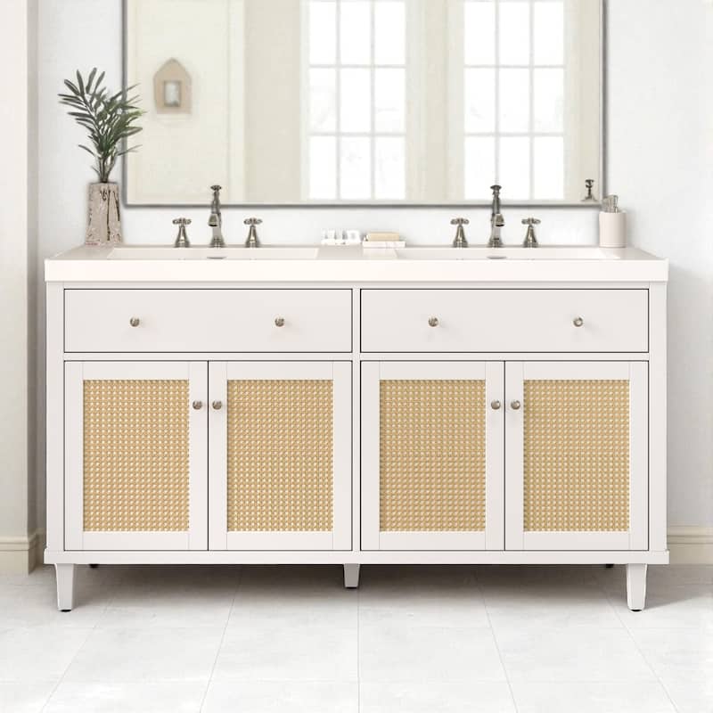 60" Double Sink Bathroom Vanity with SMC Integrated Top, Soft Close Doors, Tip-Out Trays and Rattan Front Cabinets - White
