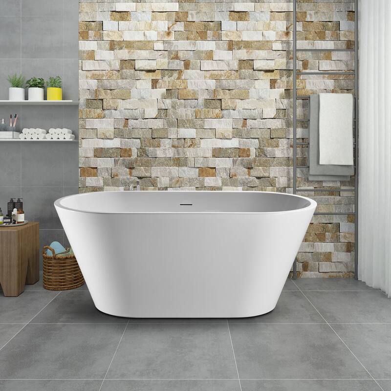 Modern White Acrylic Freestanding Soaking Bathtub with Pop-up Drain and Overflow
