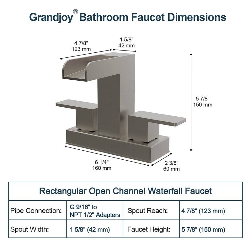 GRANDJOY Modern Dual Handle Centerset Waterfall Bathroom Faucet