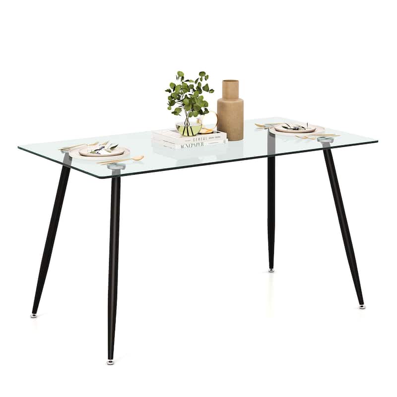 Gymax Modern Glass Dining Table Rectangular Dining Room Table W/Metal - Black