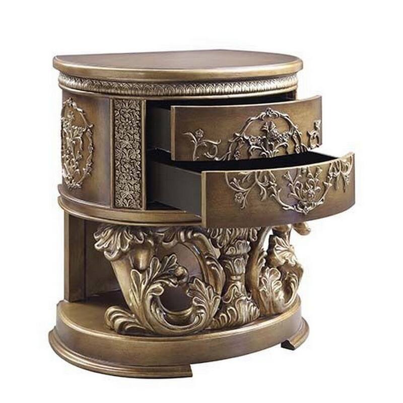 Nightstand with Scrolled Carvings and Half Moon Shape, Antique Gold