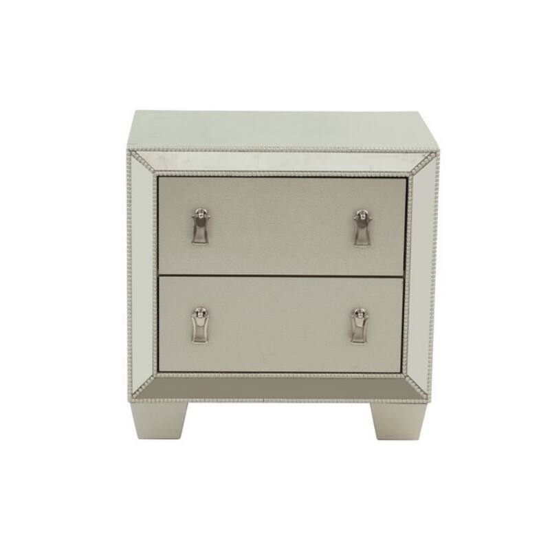 Dem 26 Inch Nightstand with 2 Drawers, Platinum Trim, Silver Wood Finish