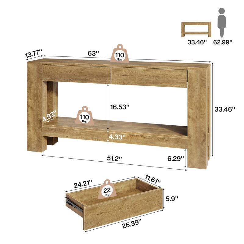 63” Console Table Behind Couch with 2 Storage Drawers