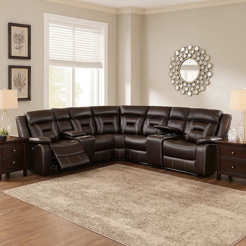 Lof Power Reclining Sectional Sofa Set, USB Port, Brown Gel Faux Leather