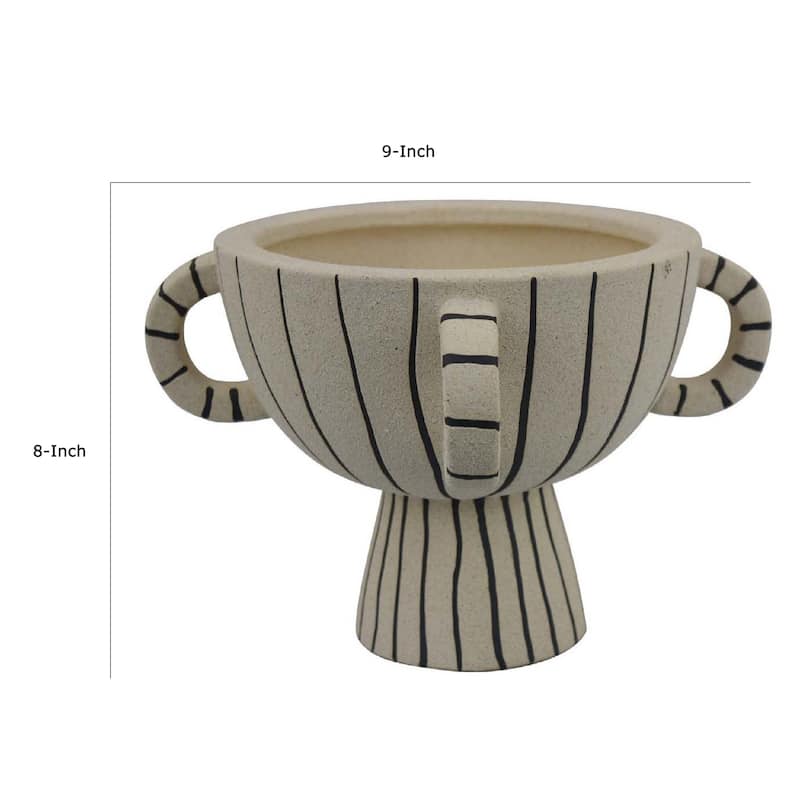 Javier Accent Planter with Loop Handles, Pedestal Black Beige Ceramic