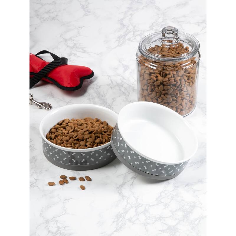 DII Pet Bowl Black Paw Print Gray Small 4.25dx2h (Set of 2)