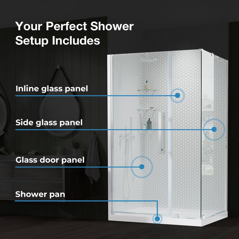 OVE Decors Pasadena Corner Frameless Pivot Shower Door Kit with Base Pan, 2025