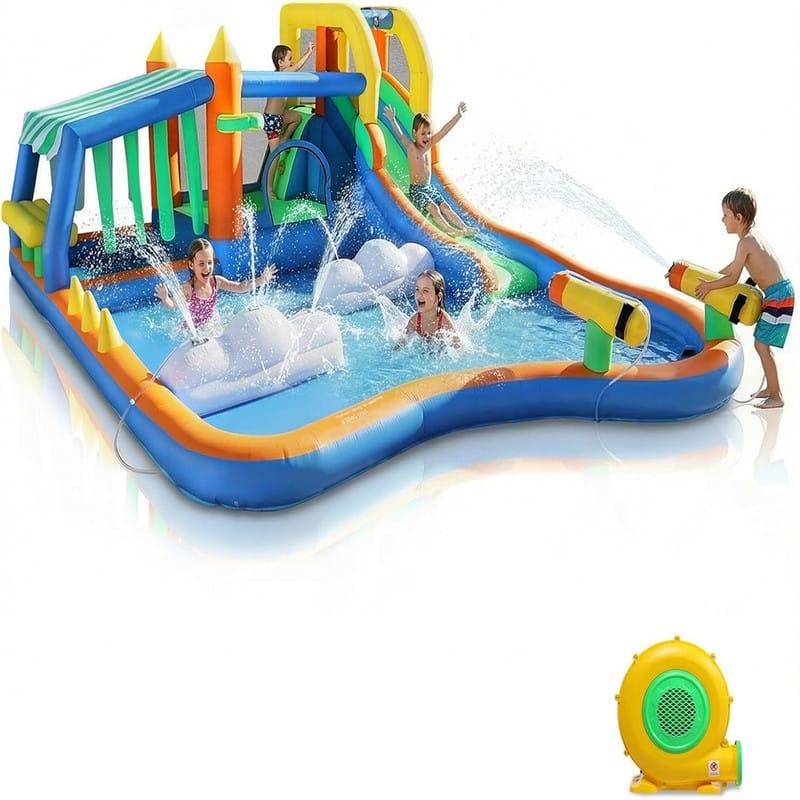 11-In-1 Inflatable Bounce House With Water Slide, Kiosk Theme Water Park For Kids Backyard, 750W Blower Included - N/A - 5-7 Years