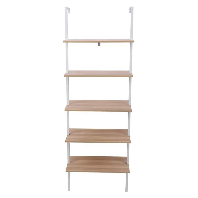 5-Shelf Wood Ladder Bookcase with Metal Frame Wall Mount Book Shelf