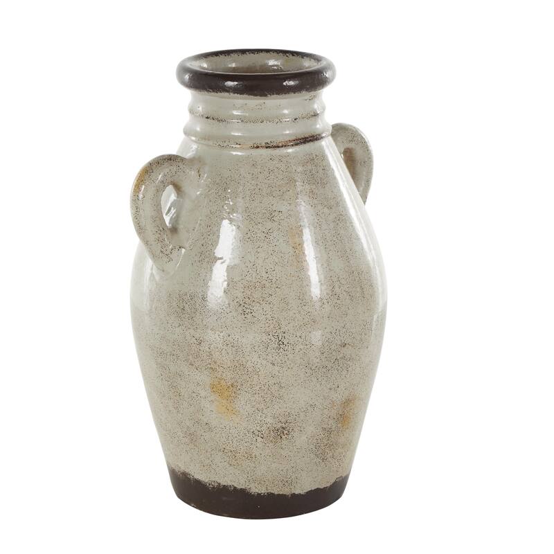 Cream Ceramic Antique Amphora Decorative Vase with Speckled Texturing and Yellow and Brown Accents