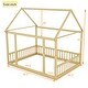 preview thumbnail 12 of 25, Wooden Floor Bed with House Roof Frame and Safety Guardrails,Twin/Full Size
