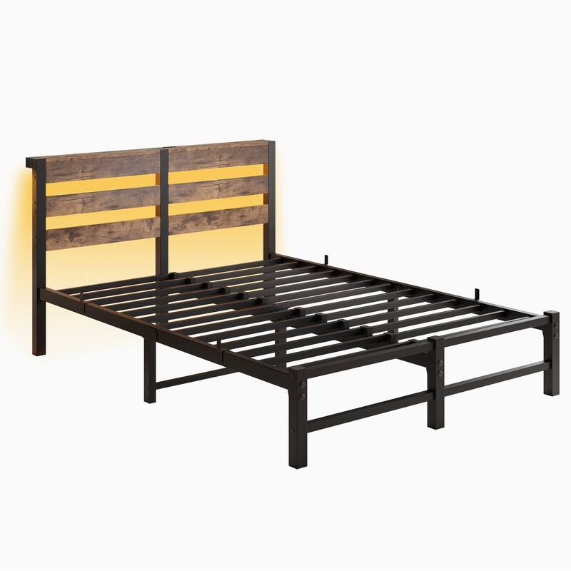 Beige+Brown Full Size Metal Bed with Wooden Headboard, RGB Lights, and Storage Shelf