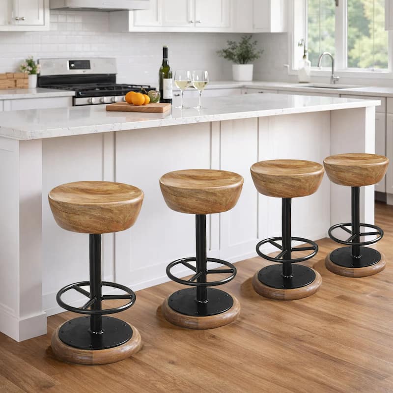 Rustic Charm Swivel Counter Bar Stool 24 Inch Handcrafted, Brown Mango Wood Round Seat, Black Iron Base with Footrest - Single - Brown, Black - Counter Height