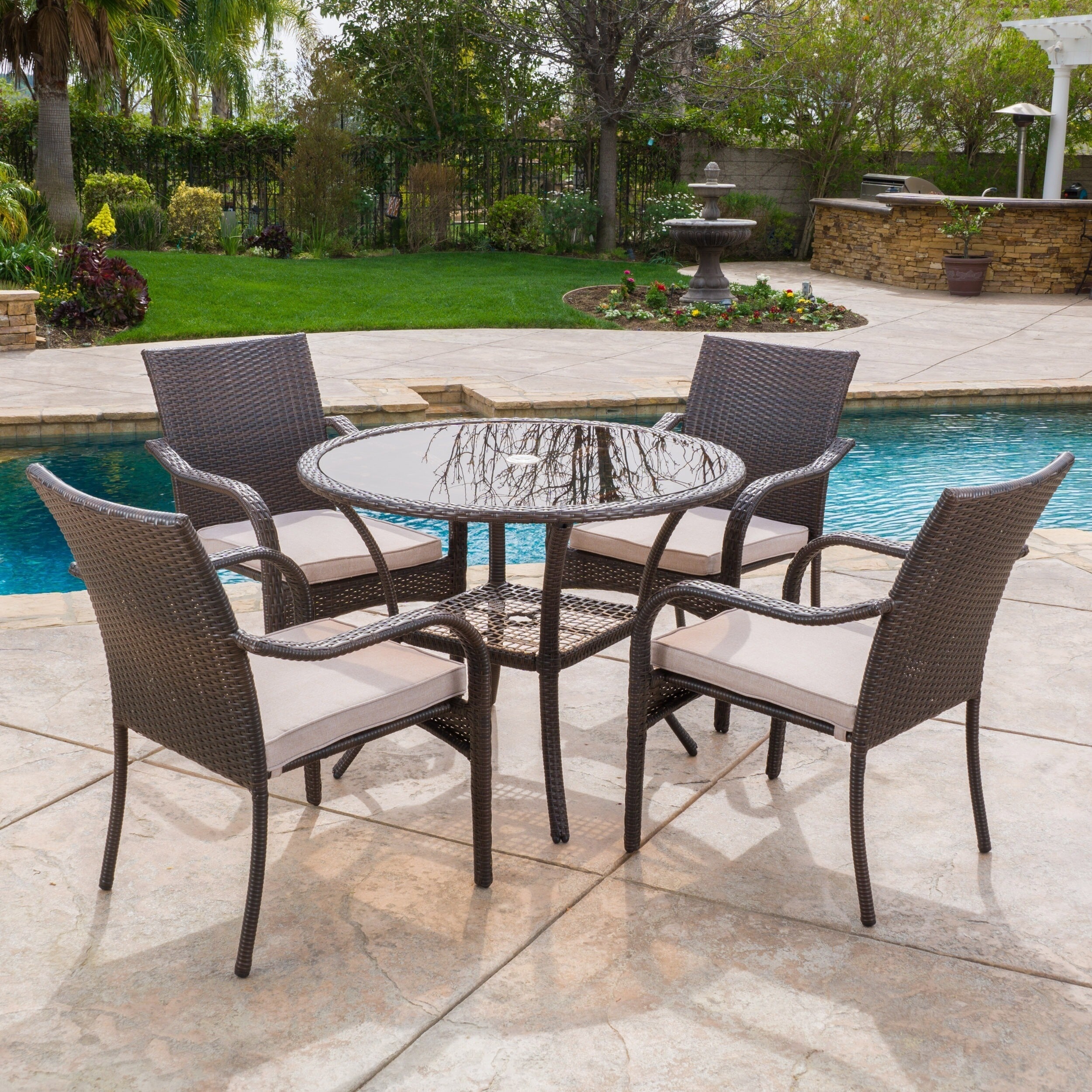 Textured Beige Multibrown Christopher Knight Home San Pico Outdoor Wicker Armed Dining Chairs with Water Resistant Cushions 4-Pcs Set 
