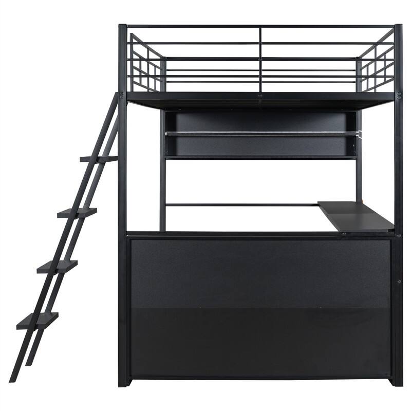 Metal Gaming Loft Bed with LED Light and Bulit-in Desk, Twin/Full Size Loft Bedframe with 4 Storage Shelves and Steps