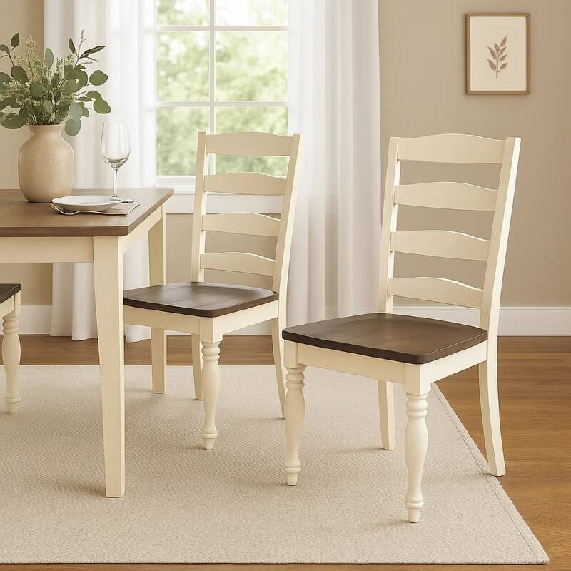 Dean Dining Chair Set of 2, Ladder Back, Dark Brown, White Solid Wood