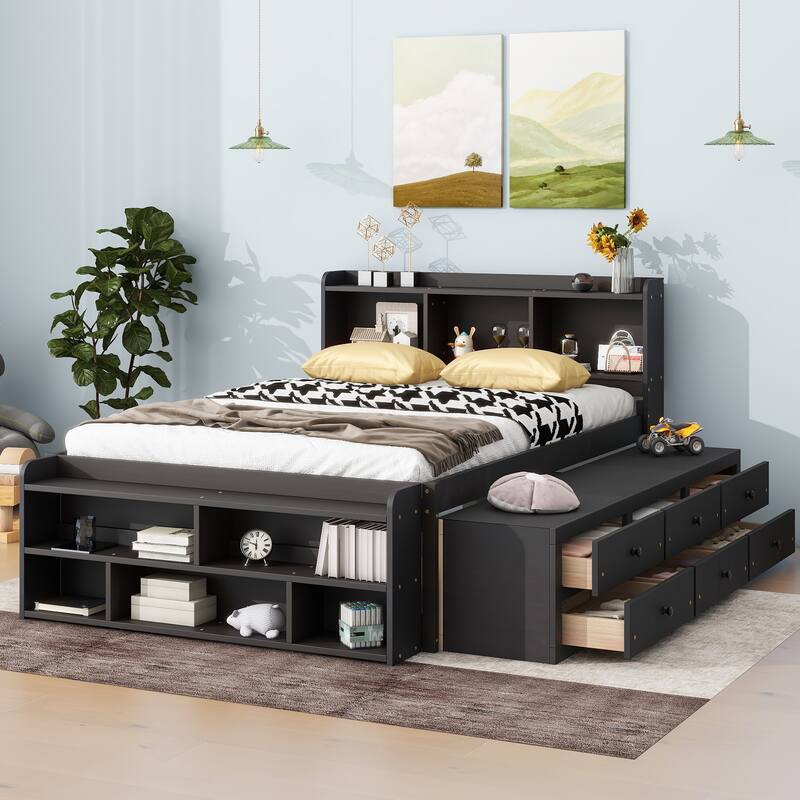 Bed with Bookcase Headboard and Under bed Storage Drawers