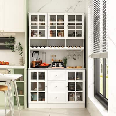 78.9''Pantry Buffet White Buffet with Wine Glass Rack Drawer and Hutch