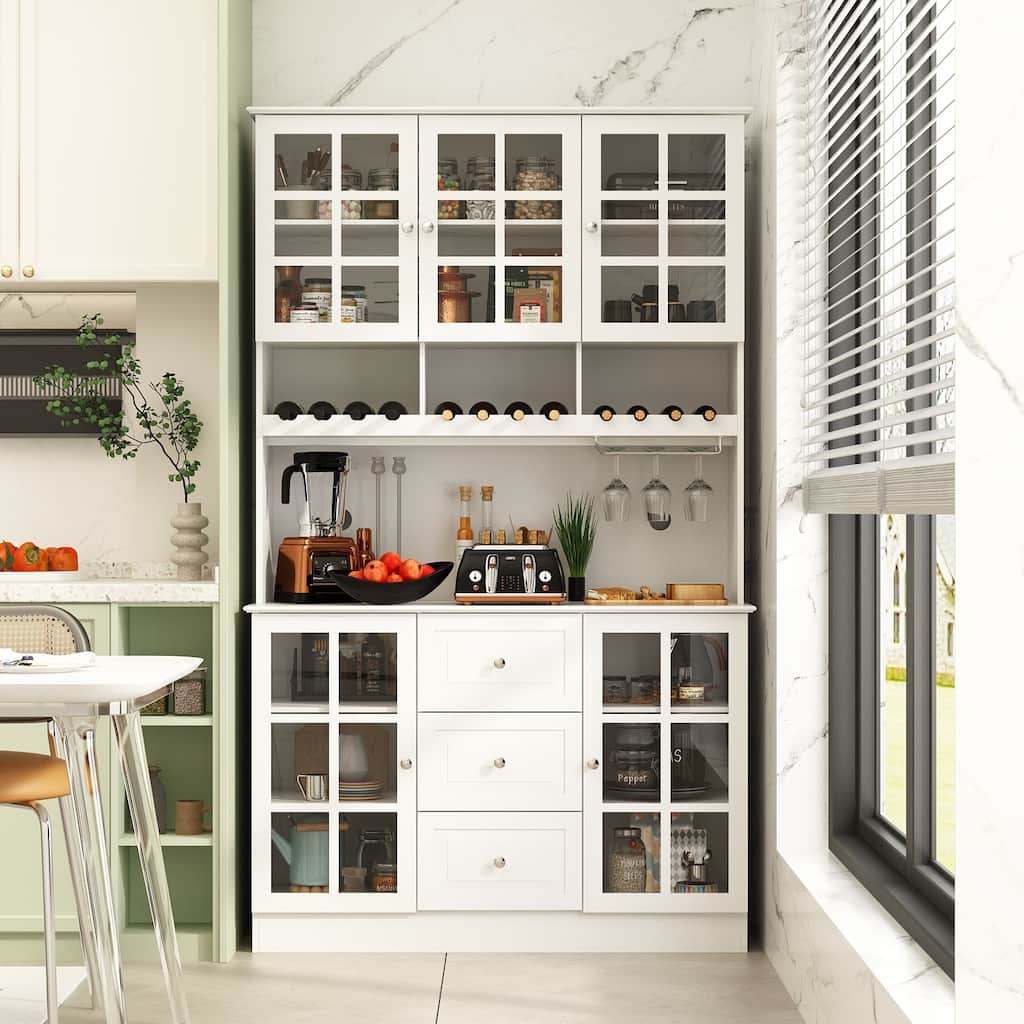 78.9''Pantry Buffet White Buffet with Wine Glass Rack Drawer and Hutch