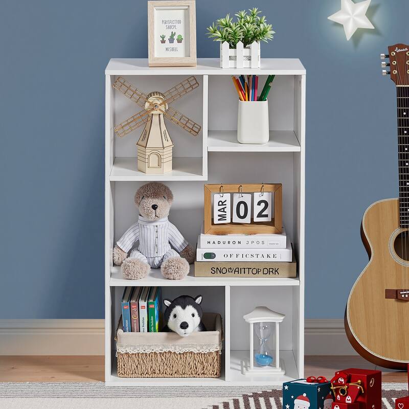 VECELO Widened Version, 3-Tier Five Open Cube Wooden Bookcase Organizer, Bookshelf, Book Storage