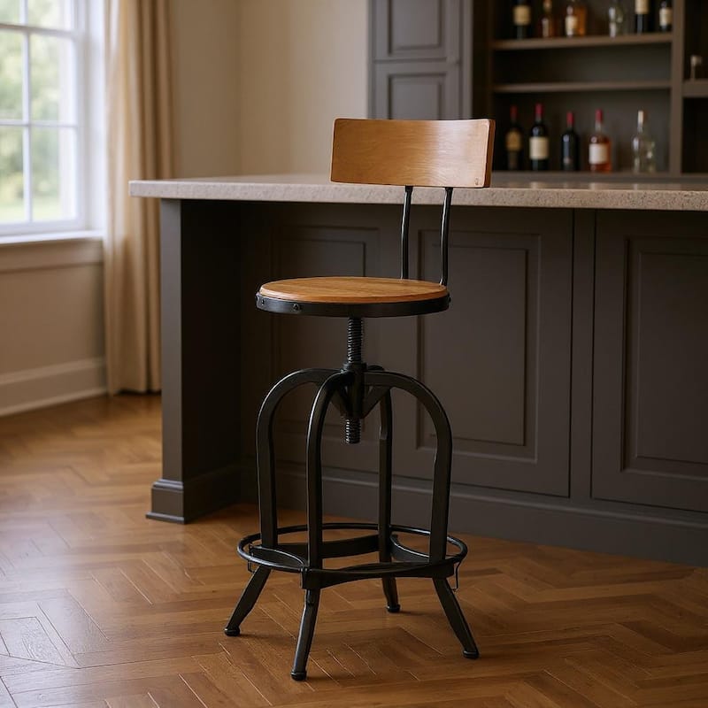 HomeRoots Natural and Black Wood and Metal Low Back Adjustable Height Swivel Bar Chair - Adjustable - Natural - Single