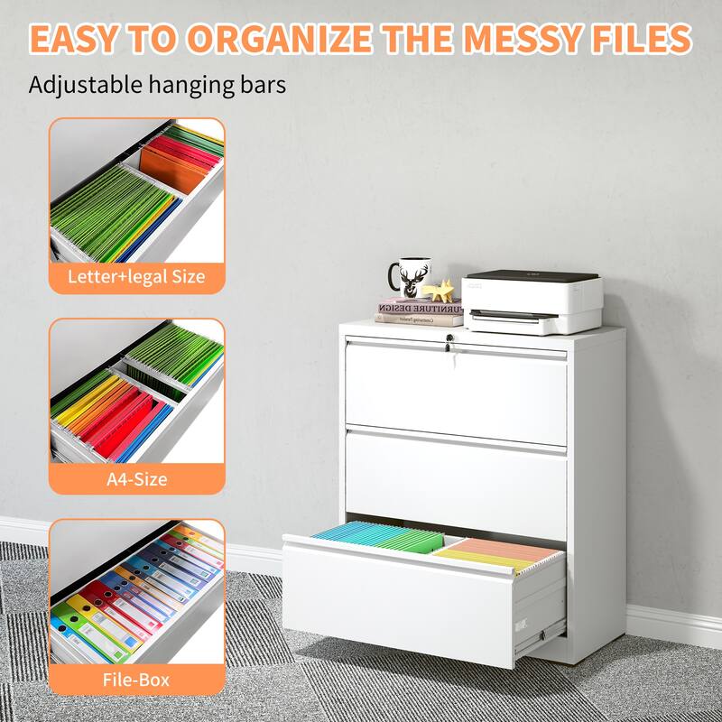 3-Drawer Lateral Filing Cabinet with Lock, Metal Home Office Storage Cabinet with Quiet Glide Drawers