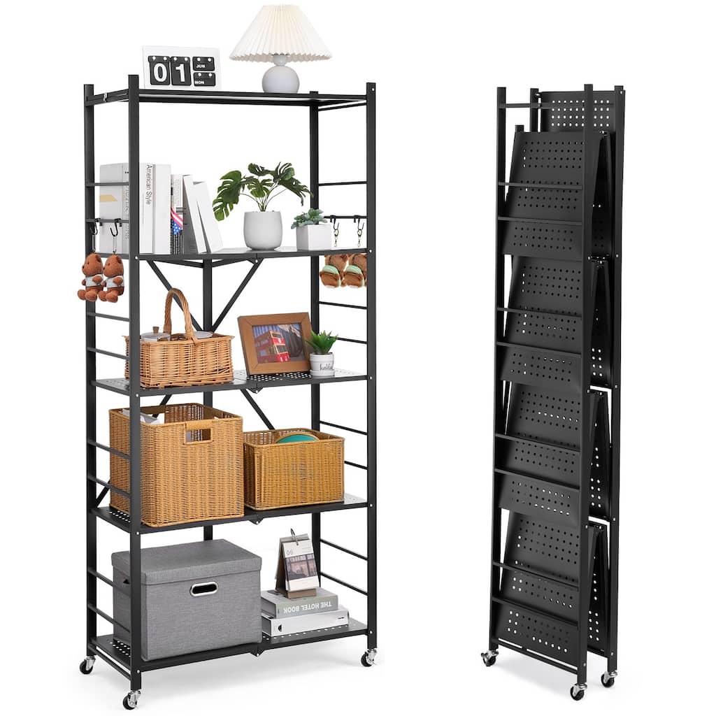 Black Carbon Steel Folding Garage Storage Shelf with Wheels and J-Hooks - 14 x 32 x 72 in