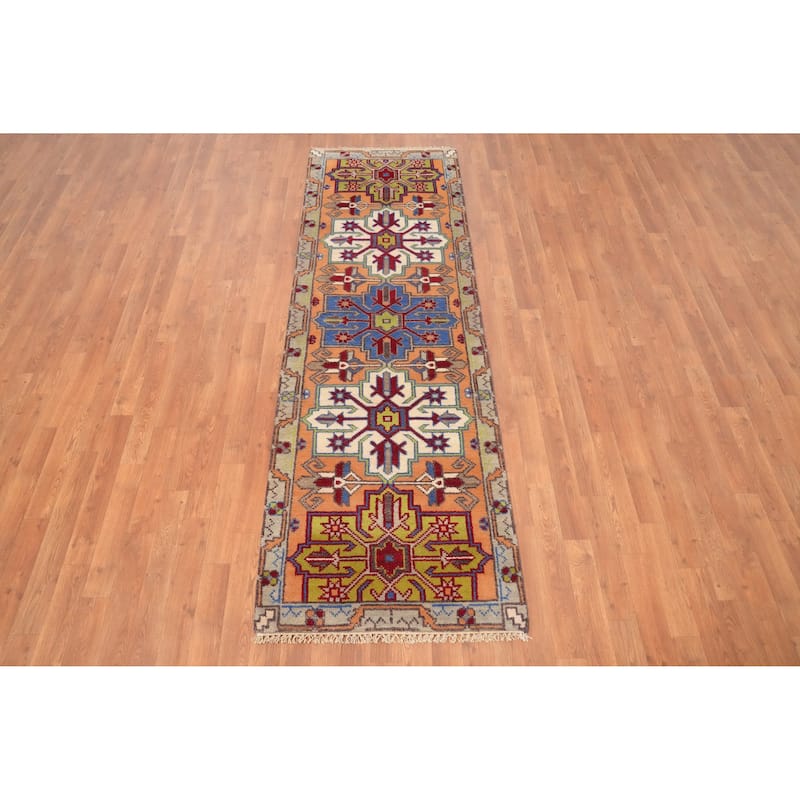 Hand Knotted Oriental 100% Wool Carpet Traditional Geometric Oranges & Rust Kazak Runner Rug - 8' 0'' X 2' 6''