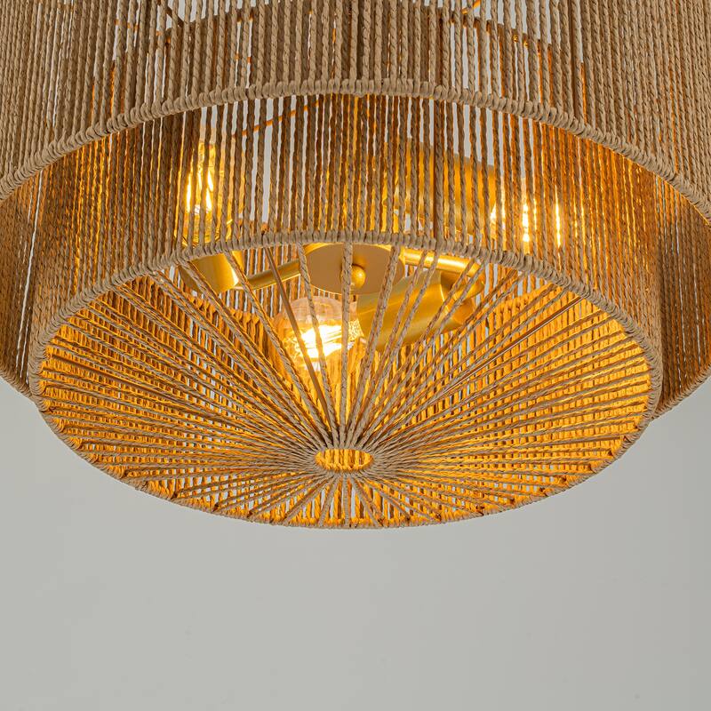 Armida 3-Light Rattan Rope Tiered Drum Pendant, Coastal Boho - Handwoven