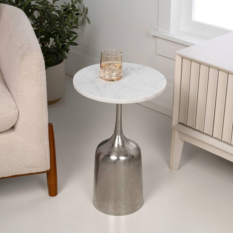 Pip 20.25″ Metal Drink, End Table w/ White Marble Round Top & Bell Pedestal Base, By JONATHAN Y - Antique Nickel