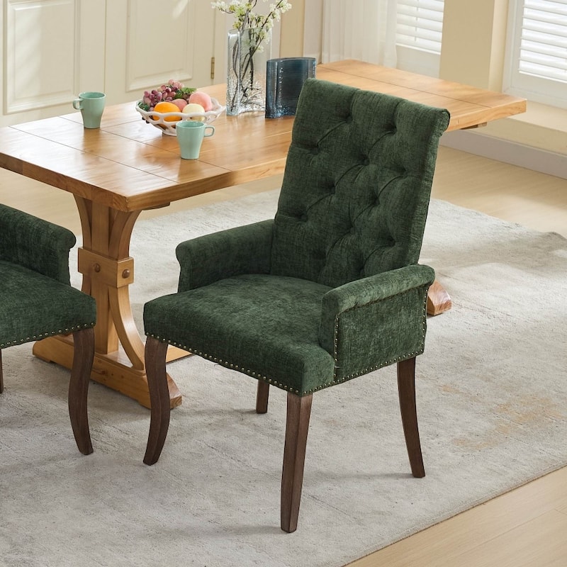 Upholstered Chenille Fabric Accent Dining Chair with Curved Solid Wood Legs