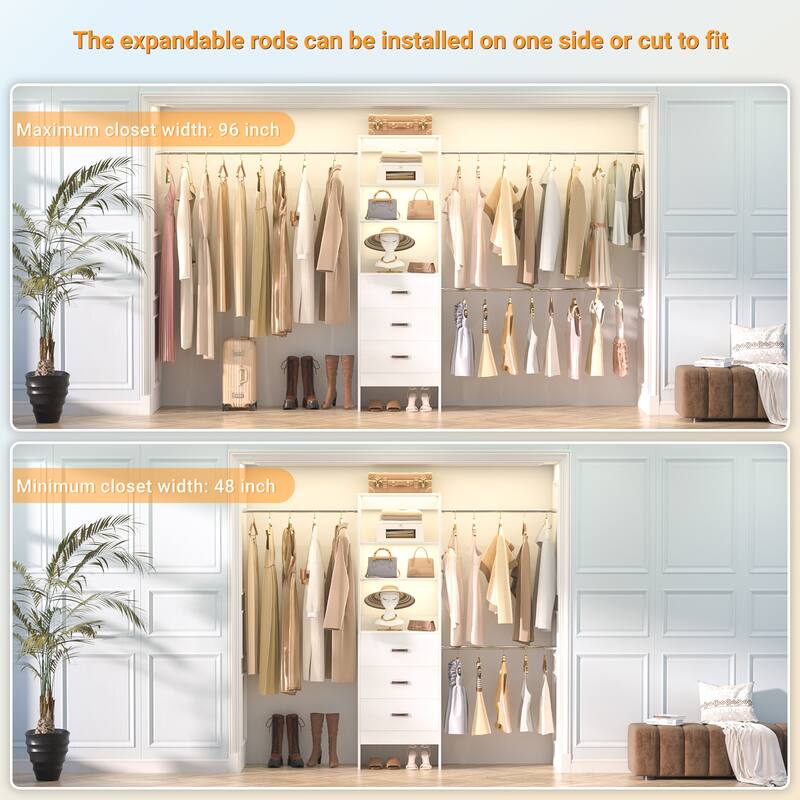 20.2'' - 96'' W Closet Organizer with Drawers, Closet System with Hanging Rods and Adjustable Shelves