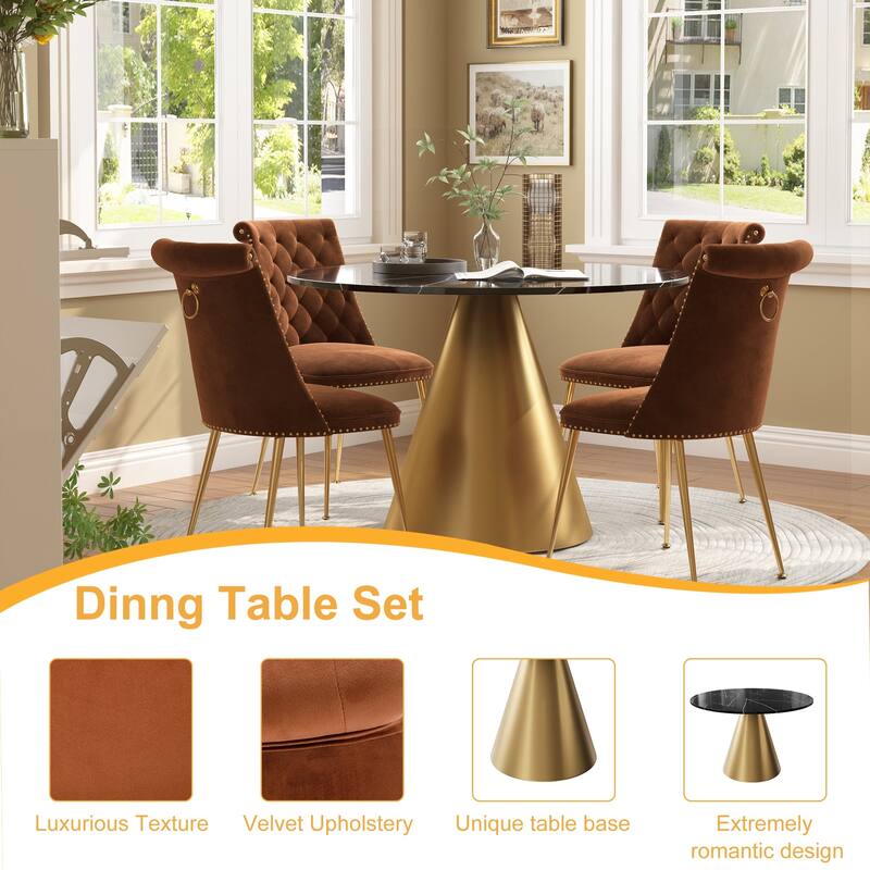 48" Marble Top Metal Dining Table with Velvet Dining Chair Set