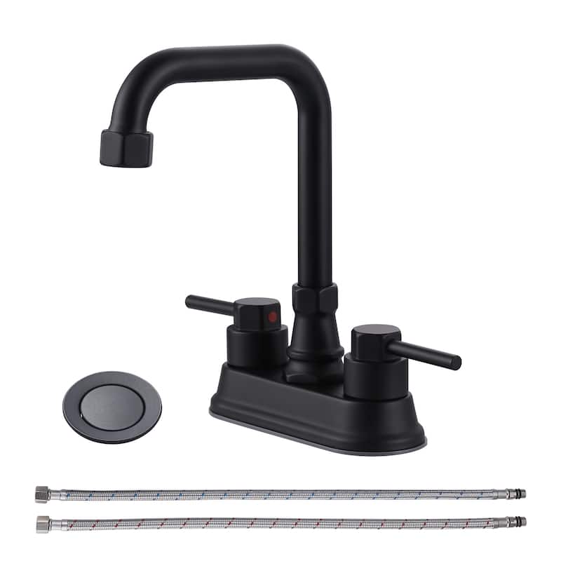 WOWOW 4 in. Centerset Double Handle High Arc Bathroom Faucet - Matte Black