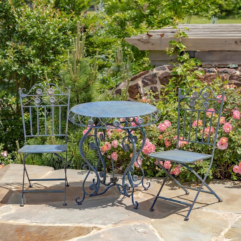 3- Piece Bistro Set with Flower Accents "Copenhagen" - 30.31" L x 30.31" W x 30.31" H. - Antique Blue