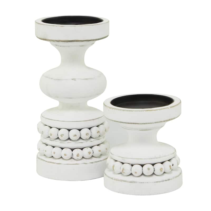 Wood Beaded Pillar Candle Holder - Set of 2 Brown or White - Roche River Decor