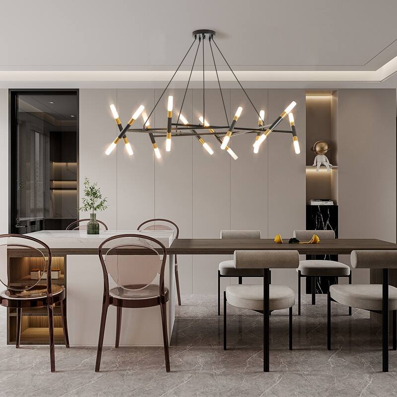 Modern Chandelier Light Fixture, Branch Design with Frosted Tubes, Black Cords, Adjustable Height Pendant Light for Dining Room