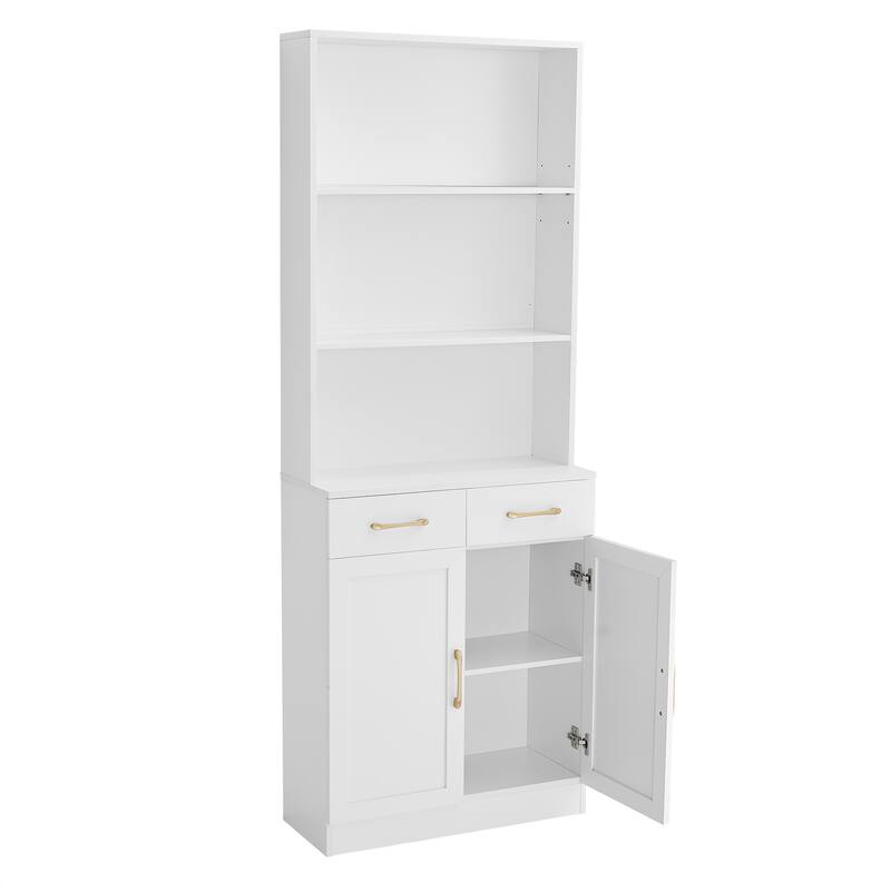 Storage Cabinet for Bathroom, 2 Doors Wooden Cabinet with 2 Drawers Three-layer Open Shelf, Bathroom Floor Cabinets