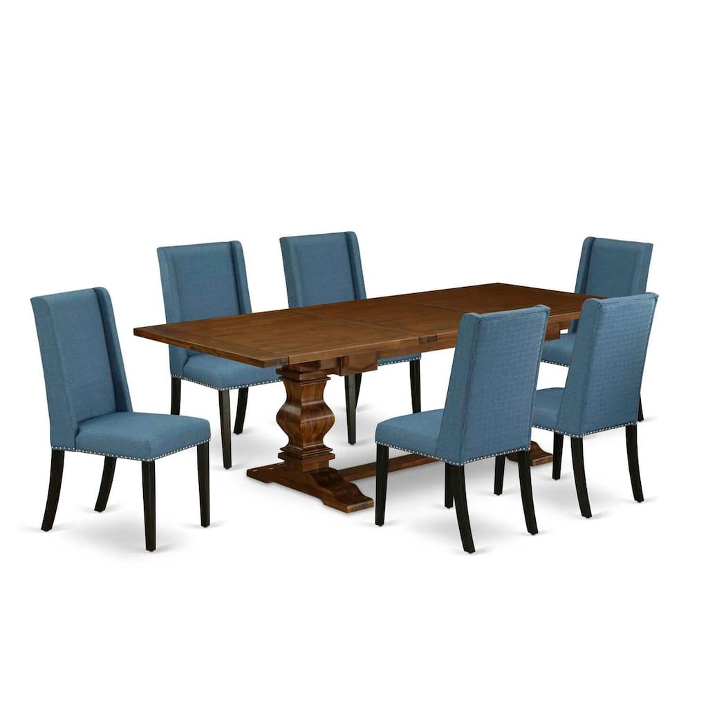 Rustic Wood Dining Table Set with 6 Linen Fabric Chairs - Antique Walnut & Black Finish - 7 Piece Dining Room Set - 92