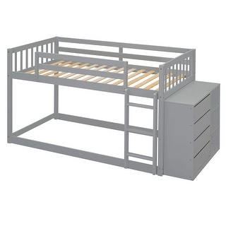 Twin Over Twin Low Bunk Bed with Storage, Wood Floor Bunk Beds w/4 Drawers & 3 Shelves, for Kids, Girls Boys, Teens, Adults,Grey