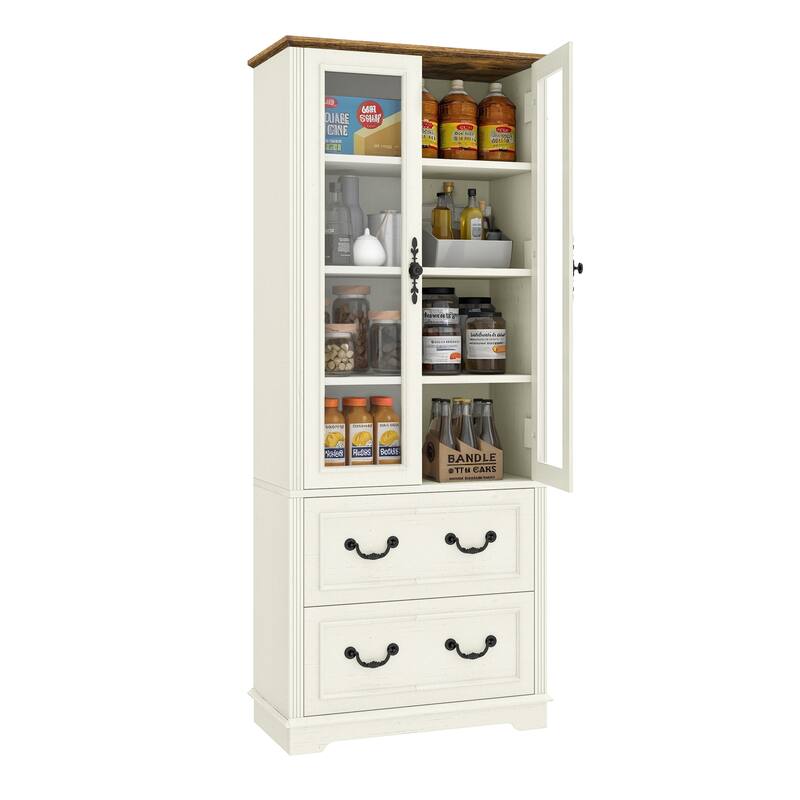 Moasis 76" Tall Kitchen Pantry Cabinet with Glass Doors And 2 Large Drawers