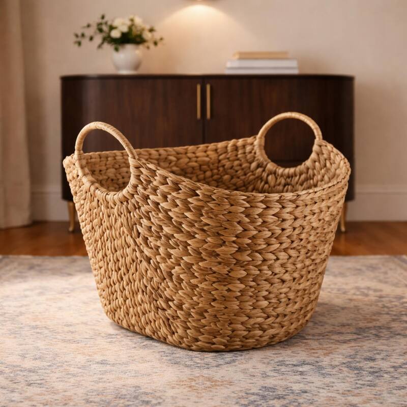 Extra Large Hand Woven Water Hyacinth Storage Basket Shelf Organizer Rectangular Wicker Baskets with Handles 19 x 16 x 14 inches